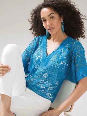 White House Black Market Crochet Lace V Neck Top Ocean Blue SZ XL Romantic